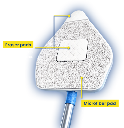 Wall Wizard™ close up on the underside of the pad. Eraser pads dig deep to loosen and lift stains. Microfiber pad grabs debris, absorbs moisture, buffs surfaces clean.